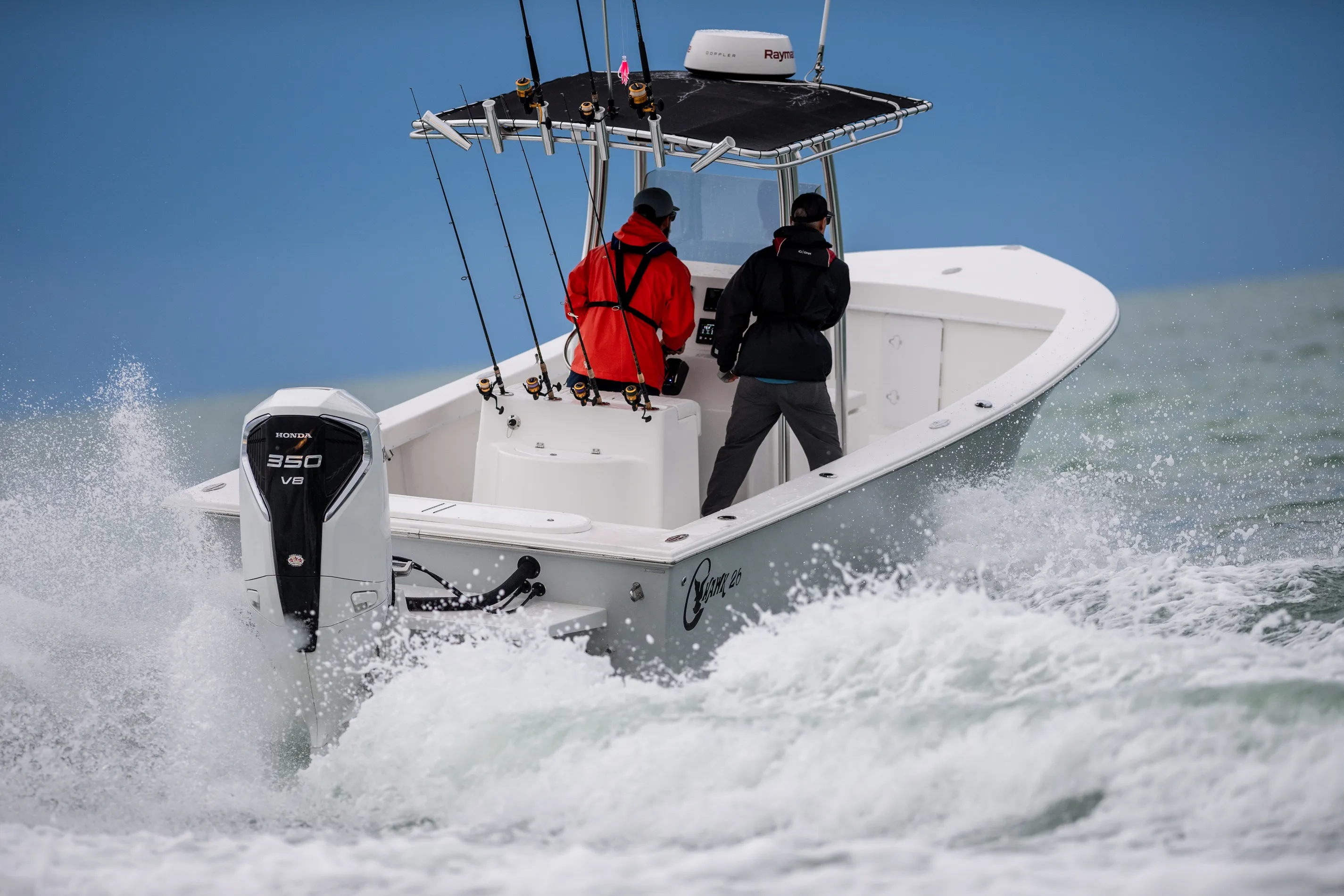 Fishing boat powered by twin Honda 350 V8 outboards